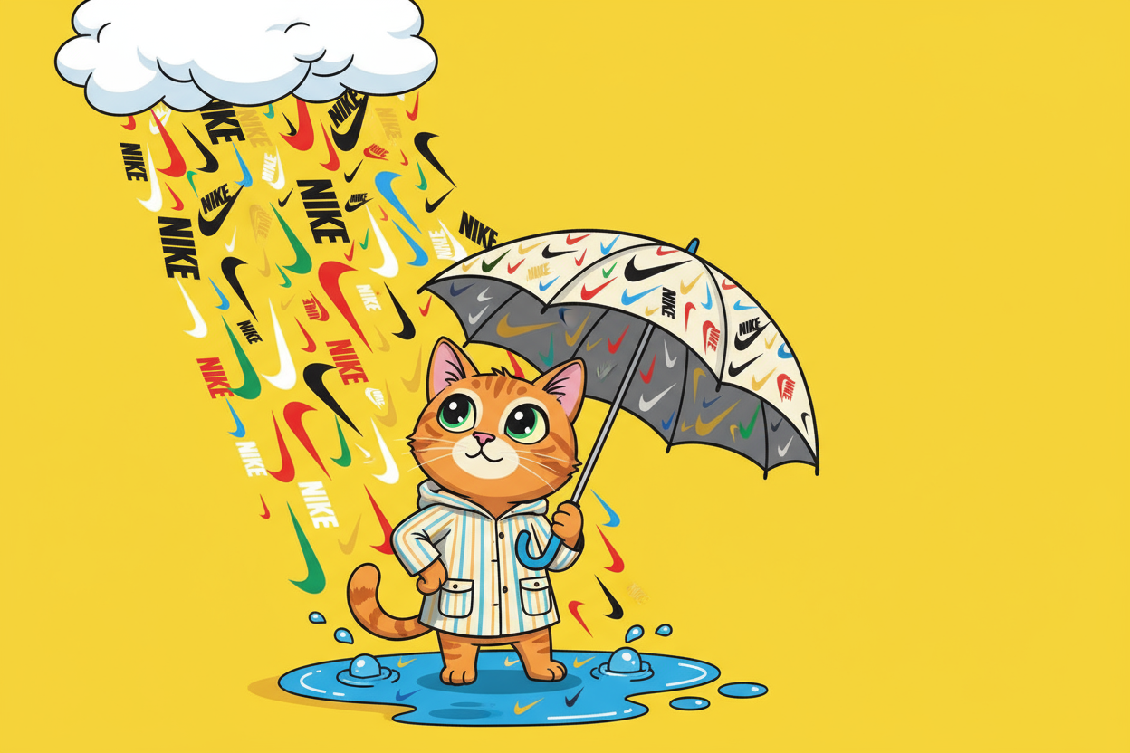 for the cat with umbrella, with nike swoshes raining, and a yellow background. can i have it in 1200 x 400 format for desktop banner?
